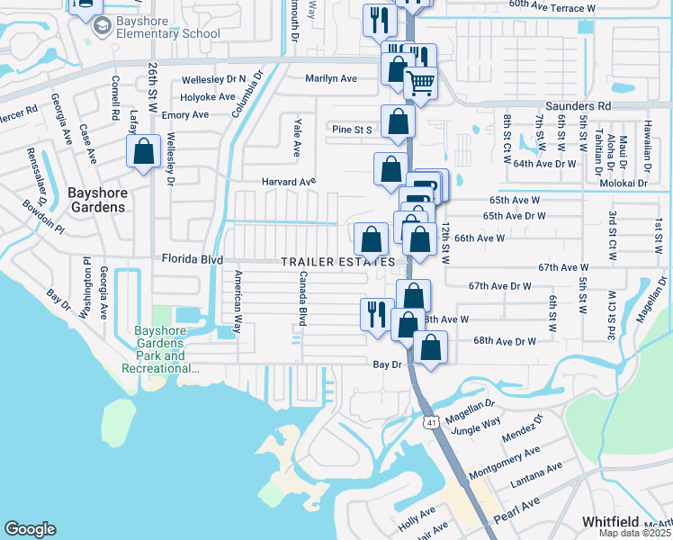 map of restaurants, bars, coffee shops, grocery stores, and more near in Bayshore Gardens