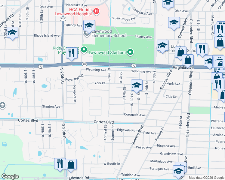 map of restaurants, bars, coffee shops, grocery stores, and more near 1711 York Court in Fort Pierce