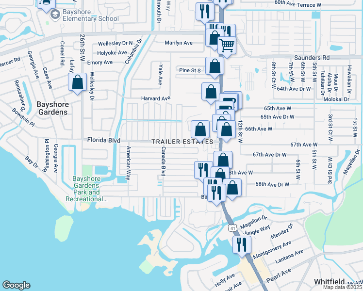 map of restaurants, bars, coffee shops, grocery stores, and more near in Bayshore Gardens