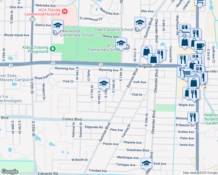 map of restaurants, bars, coffee shops, grocery stores, and more near 2507 South 14th Street in Fort Pierce