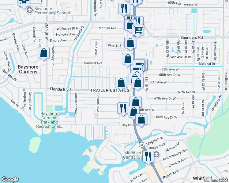 map of restaurants, bars, coffee shops, grocery stores, and more near 1613 Florida Boulevard in Bradenton