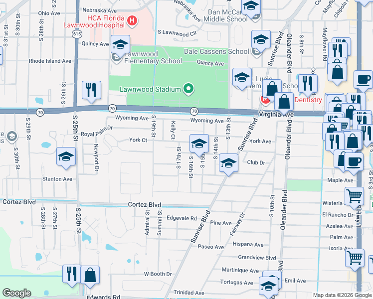map of restaurants, bars, coffee shops, grocery stores, and more near 1701 York Court in Fort Pierce