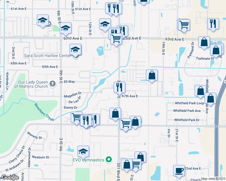 map of restaurants, bars, coffee shops, grocery stores, and more near 1403 Magellan Drive in Sarasota