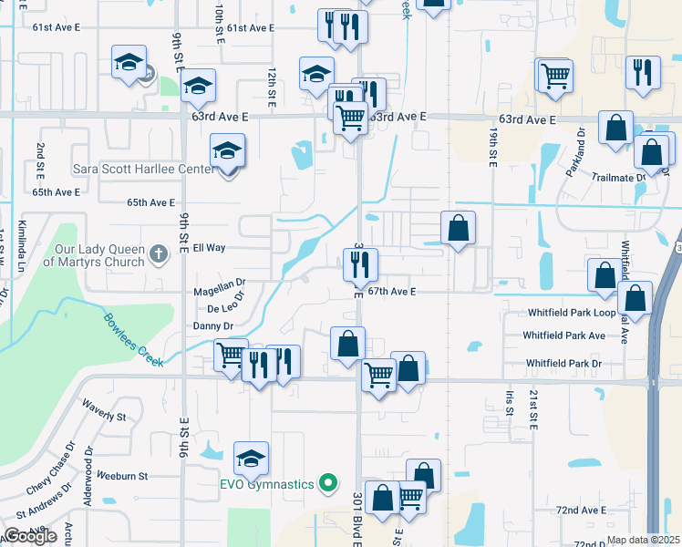 map of restaurants, bars, coffee shops, grocery stores, and more near 1403 Magellan Drive in Sarasota