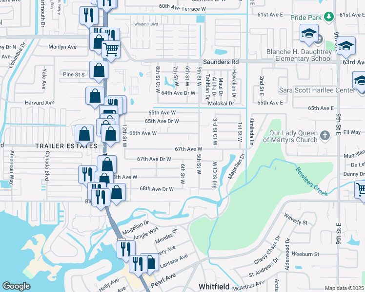 map of restaurants, bars, coffee shops, grocery stores, and more near 609 67th Avenue West in Bradenton