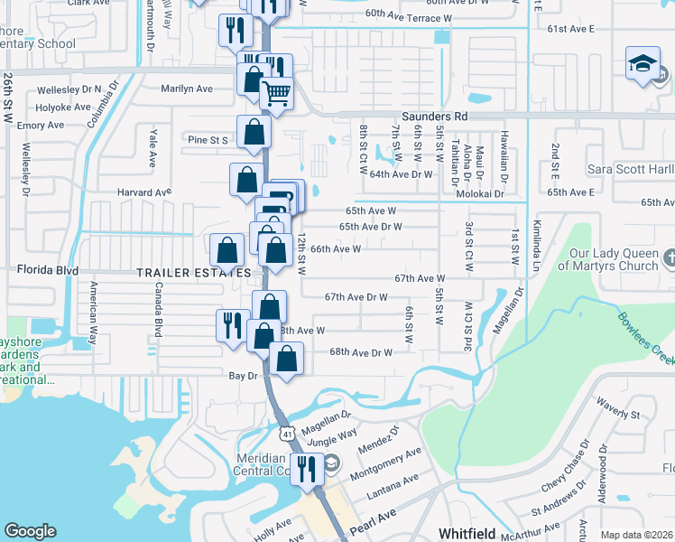 map of restaurants, bars, coffee shops, grocery stores, and more near 914 66th Avenue West in Bradenton