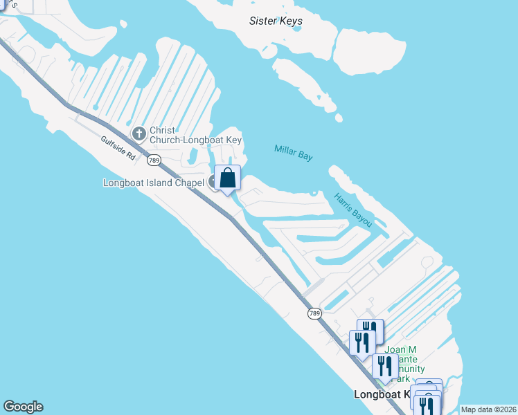 map of restaurants, bars, coffee shops, grocery stores, and more near 624 Dream Island Road in Longboat Key