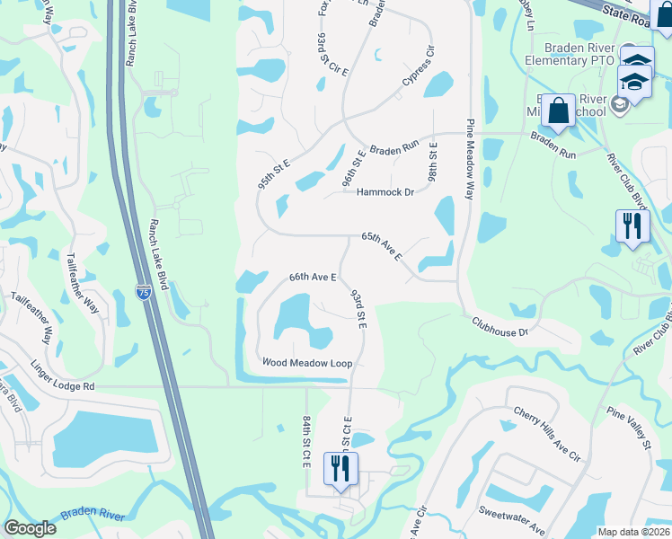 map of restaurants, bars, coffee shops, grocery stores, and more near 11910 Wood Meadow Loop in Bradenton