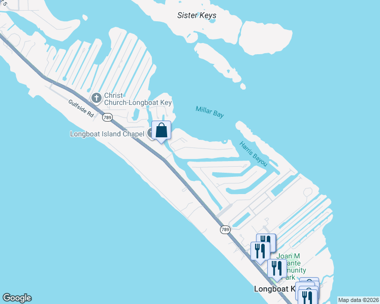 map of restaurants, bars, coffee shops, grocery stores, and more near 624 Dream Island Road in Longboat Key