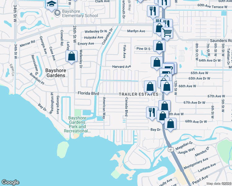 map of restaurants, bars, coffee shops, grocery stores, and more near 6624 Connecticut Street in Sarasota