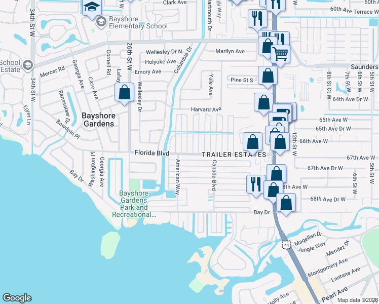 map of restaurants, bars, coffee shops, grocery stores, and more near 6624 Connecticut Street in Sarasota