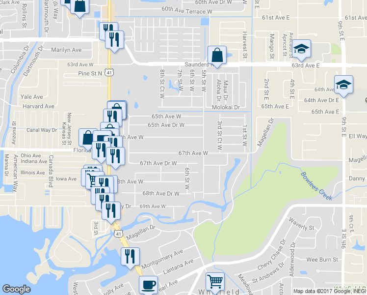 map of restaurants, bars, coffee shops, grocery stores, and more near 609 67th Avenue West in Bradenton