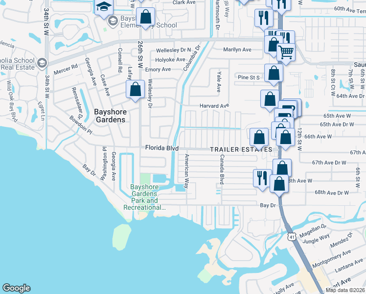 map of restaurants, bars, coffee shops, grocery stores, and more near 6626 Arizona Street in Bradenton