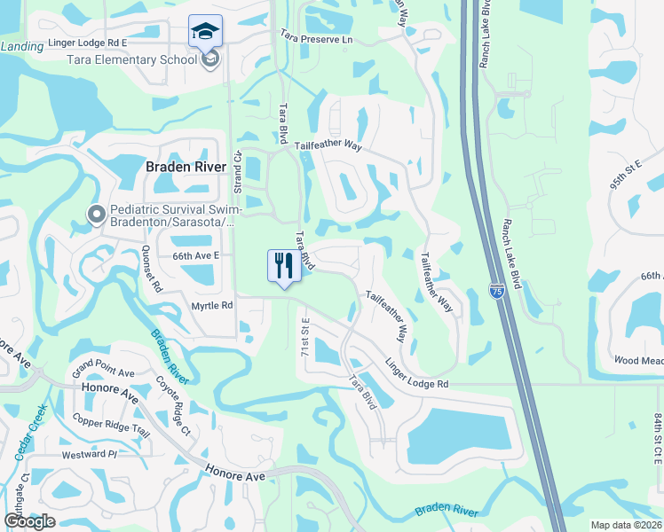 map of restaurants, bars, coffee shops, grocery stores, and more near 7138 Cedar Hollow Circle in Bradenton