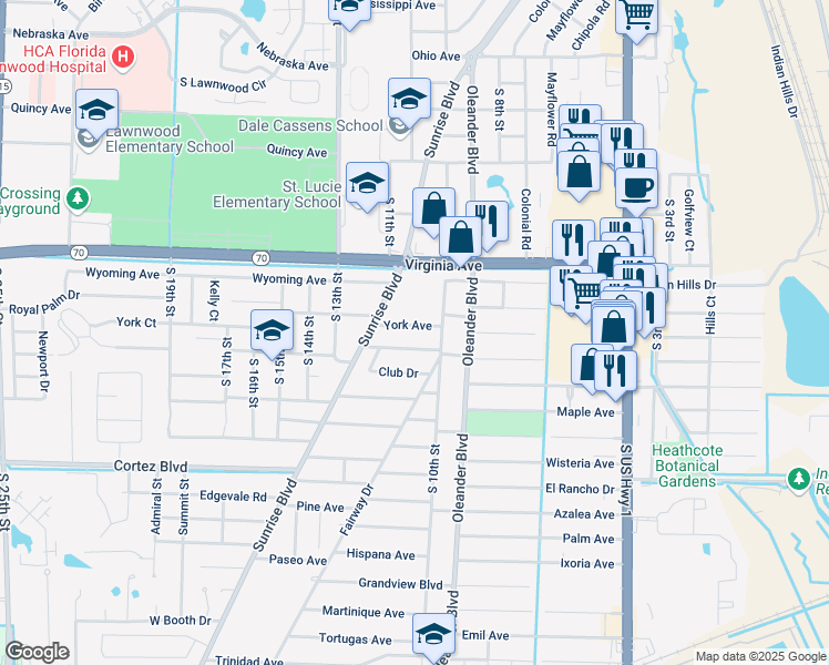 map of restaurants, bars, coffee shops, grocery stores, and more near 1007 York Avenue in Fort Pierce