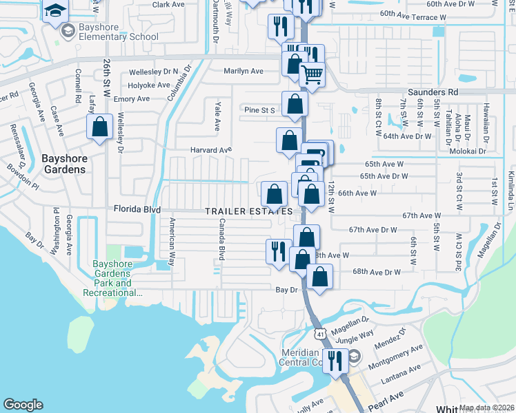map of restaurants, bars, coffee shops, grocery stores, and more near 1613 Florida Boulevard in Bradenton