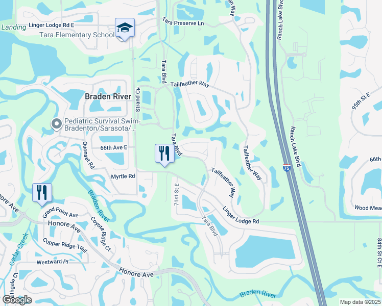 map of restaurants, bars, coffee shops, grocery stores, and more near 7138 Cedar Hollow Circle in Bradenton