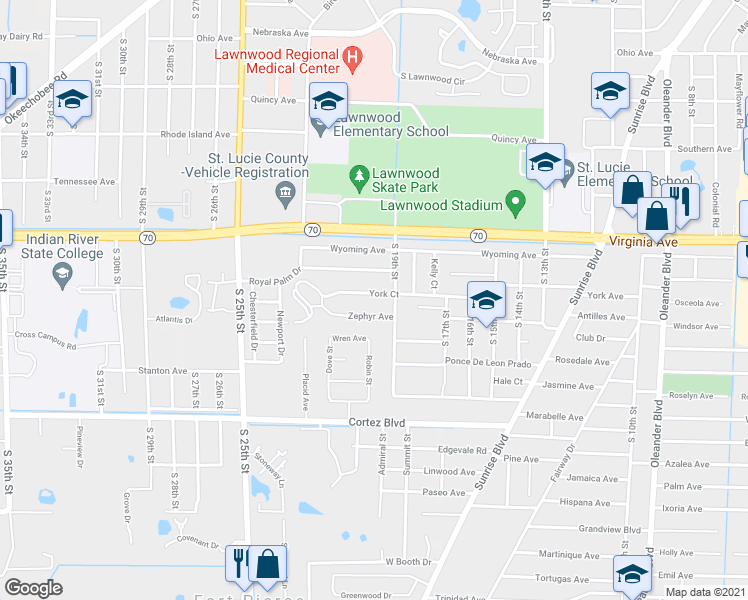 map of restaurants, bars, coffee shops, grocery stores, and more near 1905 York Court in Fort Pierce