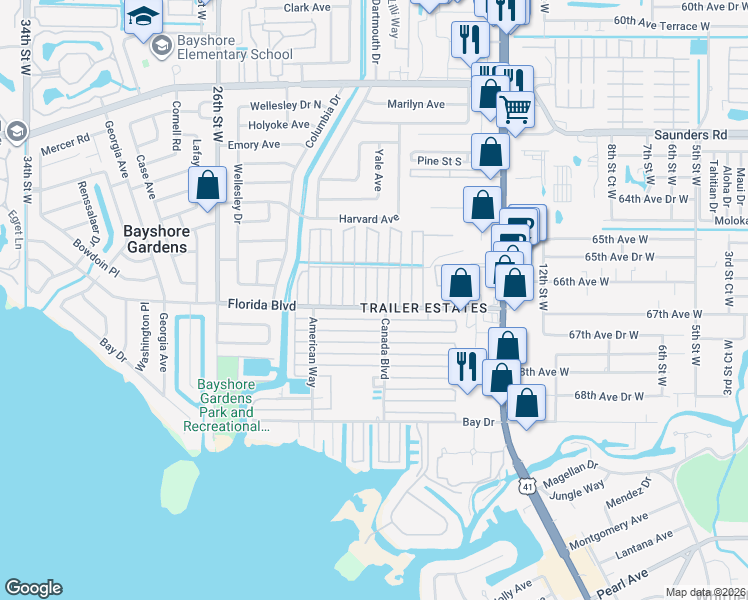 map of restaurants, bars, coffee shops, grocery stores, and more near 6624 Washington Street in Bradenton