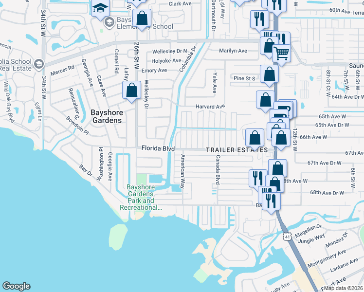 map of restaurants, bars, coffee shops, grocery stores, and more near 6626 Arizona Street in Bradenton