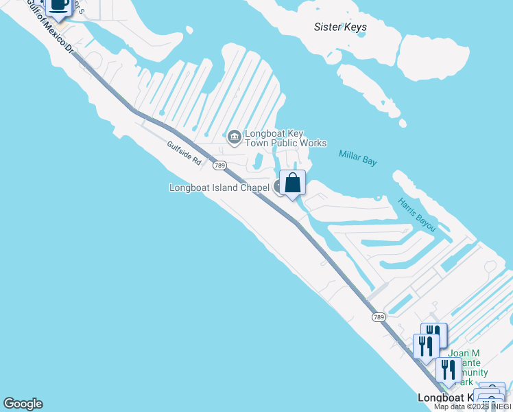map of restaurants, bars, coffee shops, grocery stores, and more near 6201 Gulf of Mexico Drive in Longboat Key