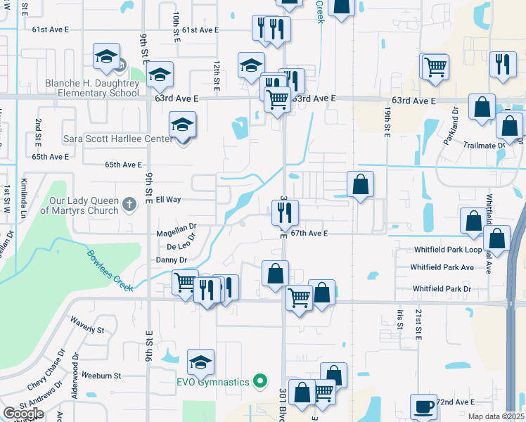 map of restaurants, bars, coffee shops, grocery stores, and more near 1403 Magellan Drive in Sarasota