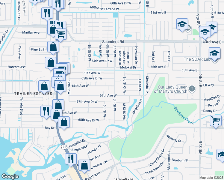 map of restaurants, bars, coffee shops, grocery stores, and more near 6608 5th Street West in Bradenton