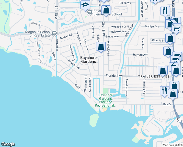map of restaurants, bars, coffee shops, grocery stores, and more near 6631 Georgia Avenue in Bradenton