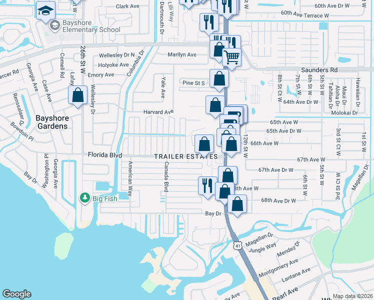 map of restaurants, bars, coffee shops, grocery stores, and more near in Bayshore Gardens