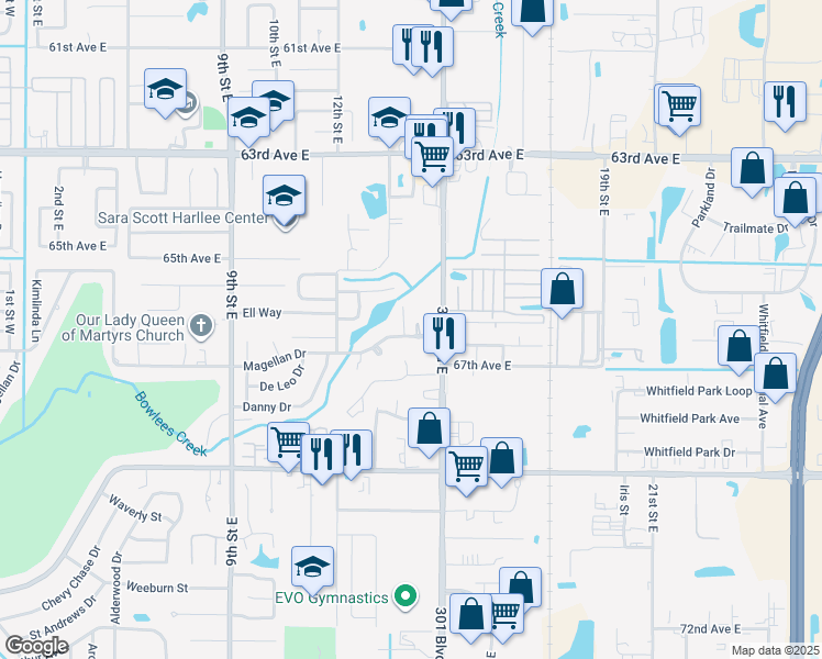 map of restaurants, bars, coffee shops, grocery stores, and more near 1403 Magellan Drive in Sarasota