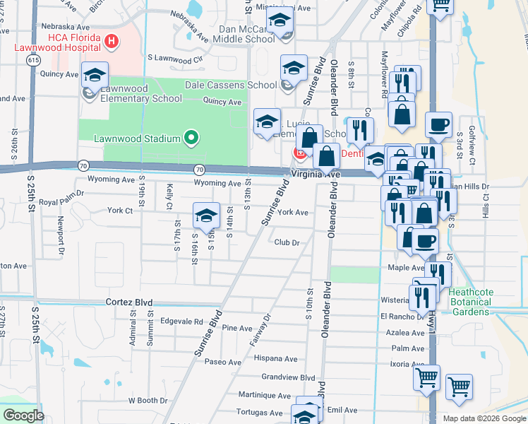 map of restaurants, bars, coffee shops, grocery stores, and more near 2503 Sunrise Boulevard in Fort Pierce