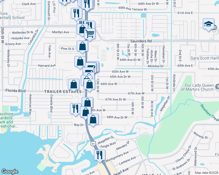 map of restaurants, bars, coffee shops, grocery stores, and more near 914 66th Avenue West in Bradenton