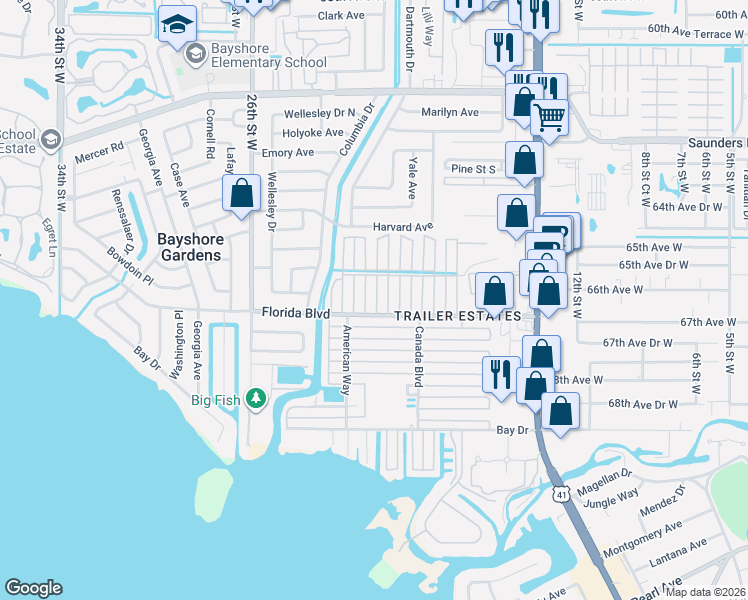 map of restaurants, bars, coffee shops, grocery stores, and more near 6624 Connecticut Street in Sarasota