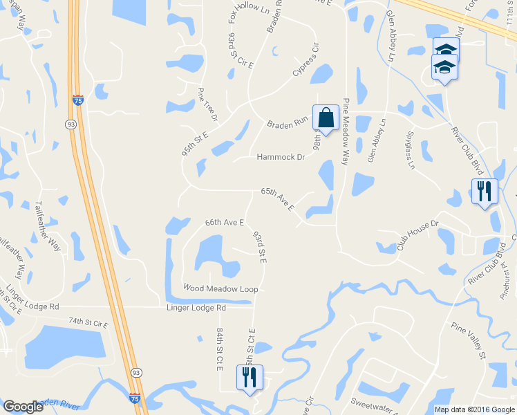 map of restaurants, bars, coffee shops, grocery stores, and more near 6508 93rd Street East in Bradenton