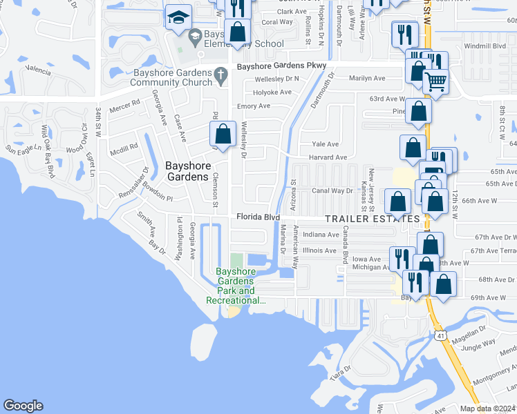 map of restaurants, bars, coffee shops, grocery stores, and more near 2305 South Wellesley Drive in Bradenton