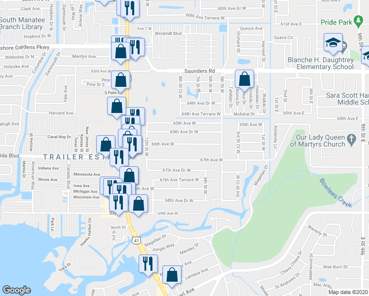 map of restaurants, bars, coffee shops, grocery stores, and more near 805 67th Avenue West in Bradenton