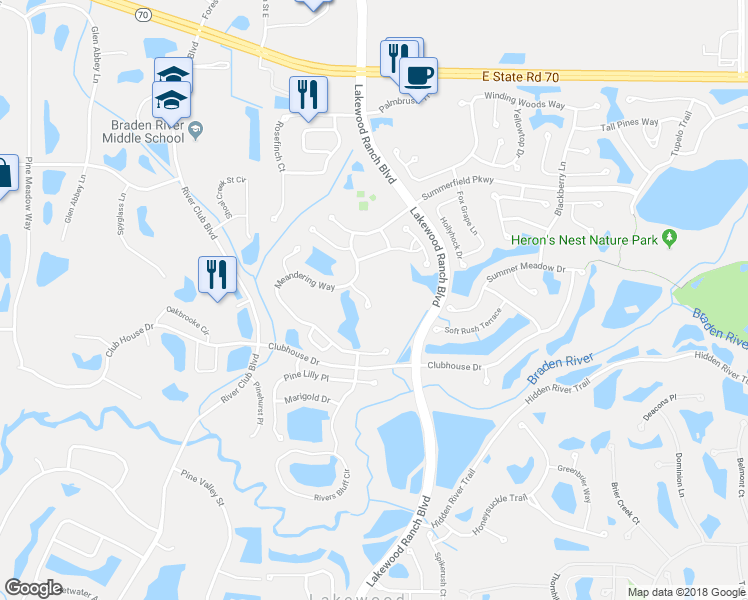 map of restaurants, bars, coffee shops, grocery stores, and more near 6623 Buttonbush Court in Bradenton