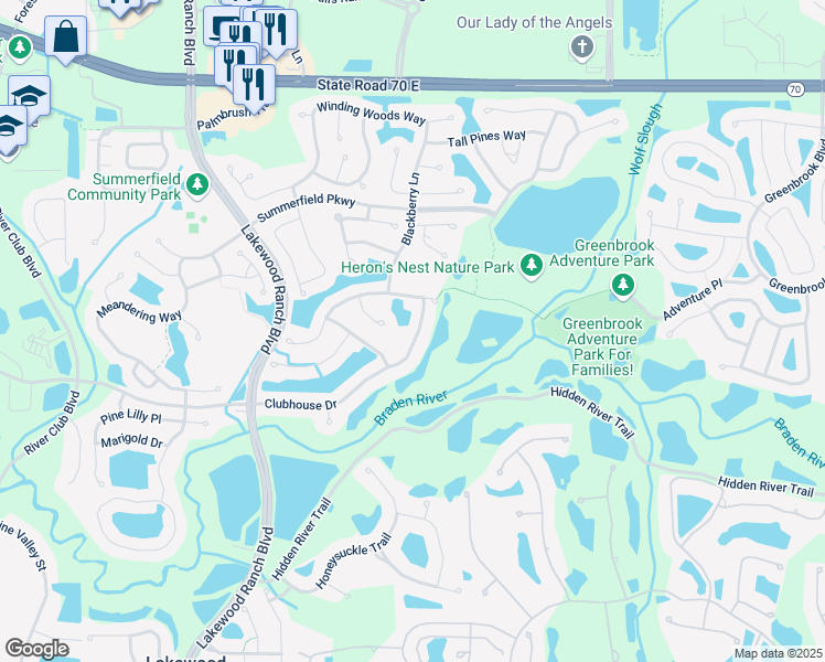 map of restaurants, bars, coffee shops, grocery stores, and more near 12225 Clubhouse Drive in Bradenton
