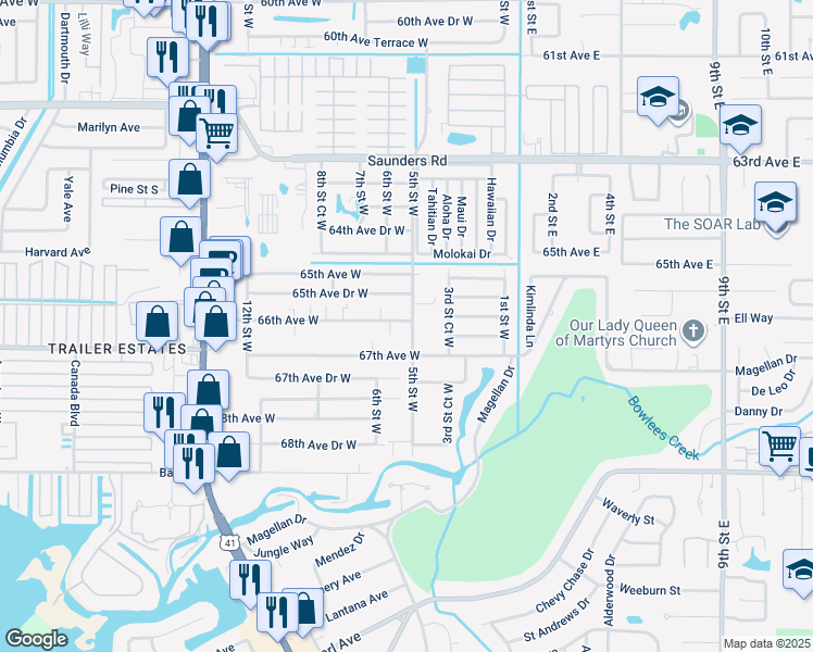 map of restaurants, bars, coffee shops, grocery stores, and more near 6608 5th Street West in Bradenton