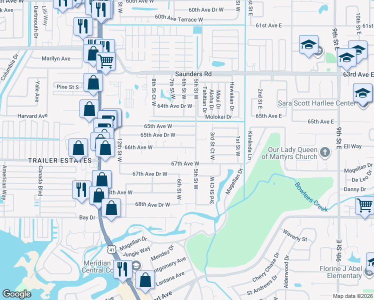 map of restaurants, bars, coffee shops, grocery stores, and more near 6608 5th Street West in Bradenton