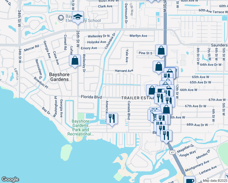 map of restaurants, bars, coffee shops, grocery stores, and more near 6624 Connecticut Street in Sarasota