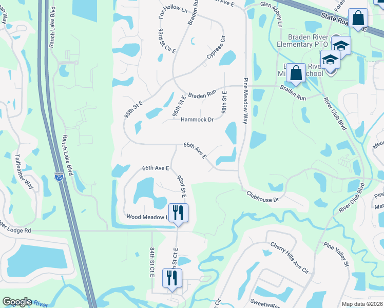map of restaurants, bars, coffee shops, grocery stores, and more near 6508 93rd Street East in Bradenton