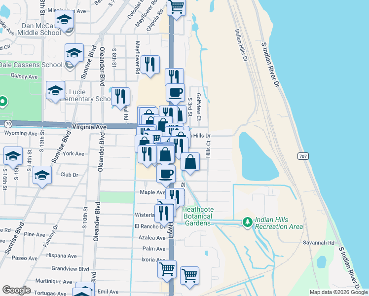 map of restaurants, bars, coffee shops, grocery stores, and more near 111 Garden Avenue in Fort Pierce