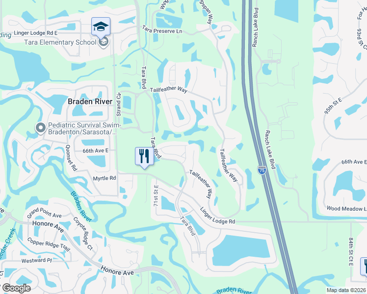 map of restaurants, bars, coffee shops, grocery stores, and more near 7279 Cedar Hollow Circle in Bradenton