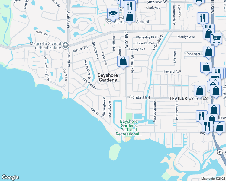 map of restaurants, bars, coffee shops, grocery stores, and more near 6631 Georgia Avenue in Bradenton