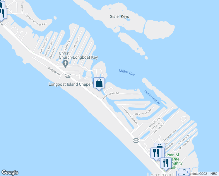 map of restaurants, bars, coffee shops, grocery stores, and more near 599 Dream Island Place in Longboat Key