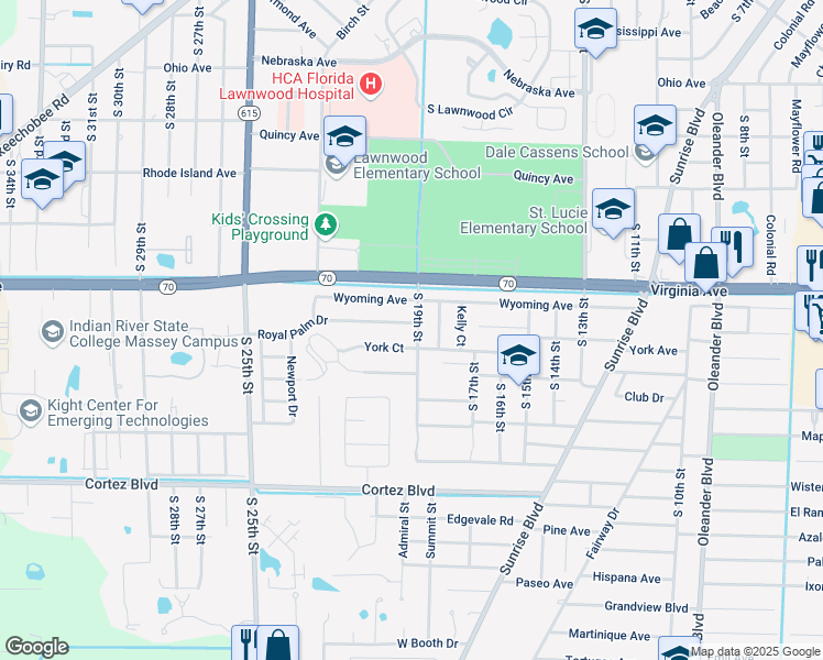 map of restaurants, bars, coffee shops, grocery stores, and more near 1906 Royal Palm Drive in Fort Pierce