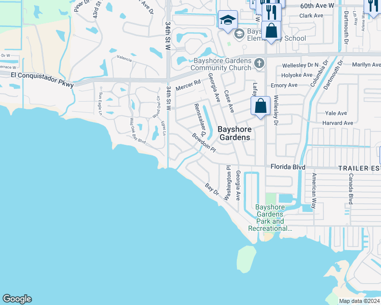 map of restaurants, bars, coffee shops, grocery stores, and more near 3208 Florida Boulevard in Bradenton