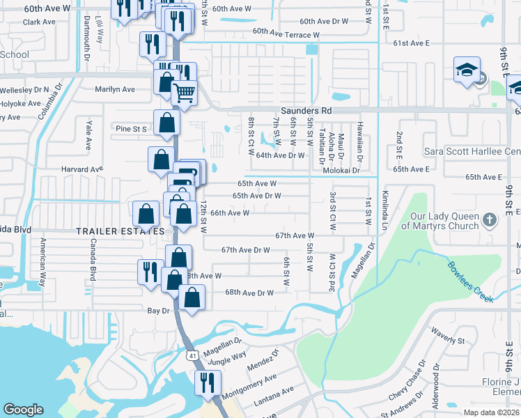 map of restaurants, bars, coffee shops, grocery stores, and more near 804 65th Avenue Drive West in Bradenton