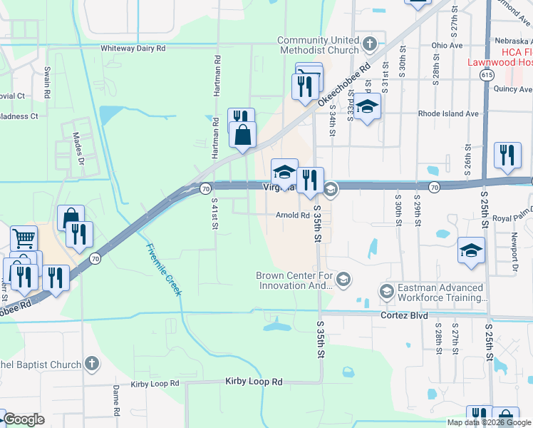 map of restaurants, bars, coffee shops, grocery stores, and more near 3552 Arnold Road in Fort Pierce